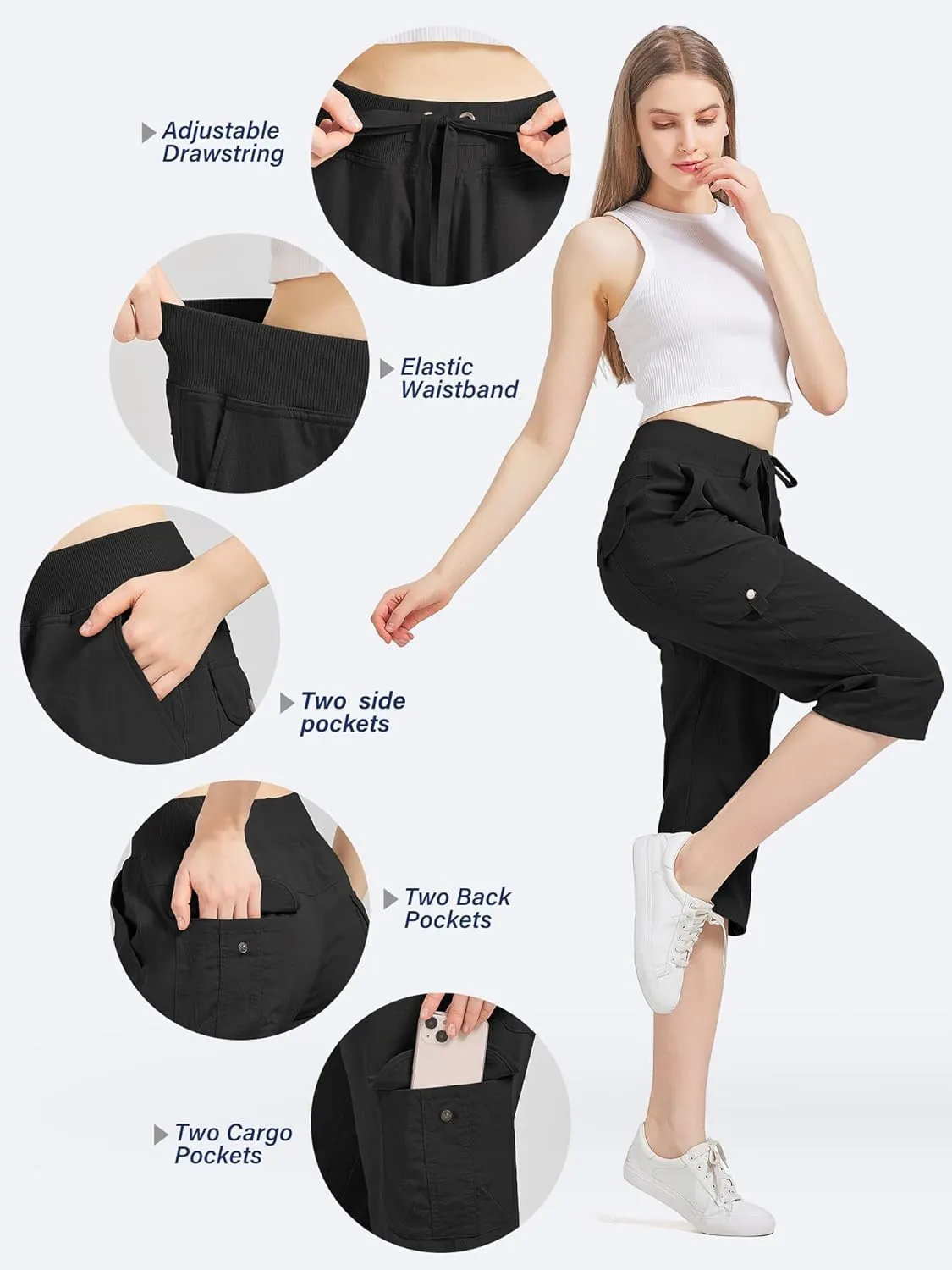 Women's Cargo Capris Hiking Pants Quick Dry Lightweight Athletic Outdoor Travel Loose Fit Casual Capris with Pockets