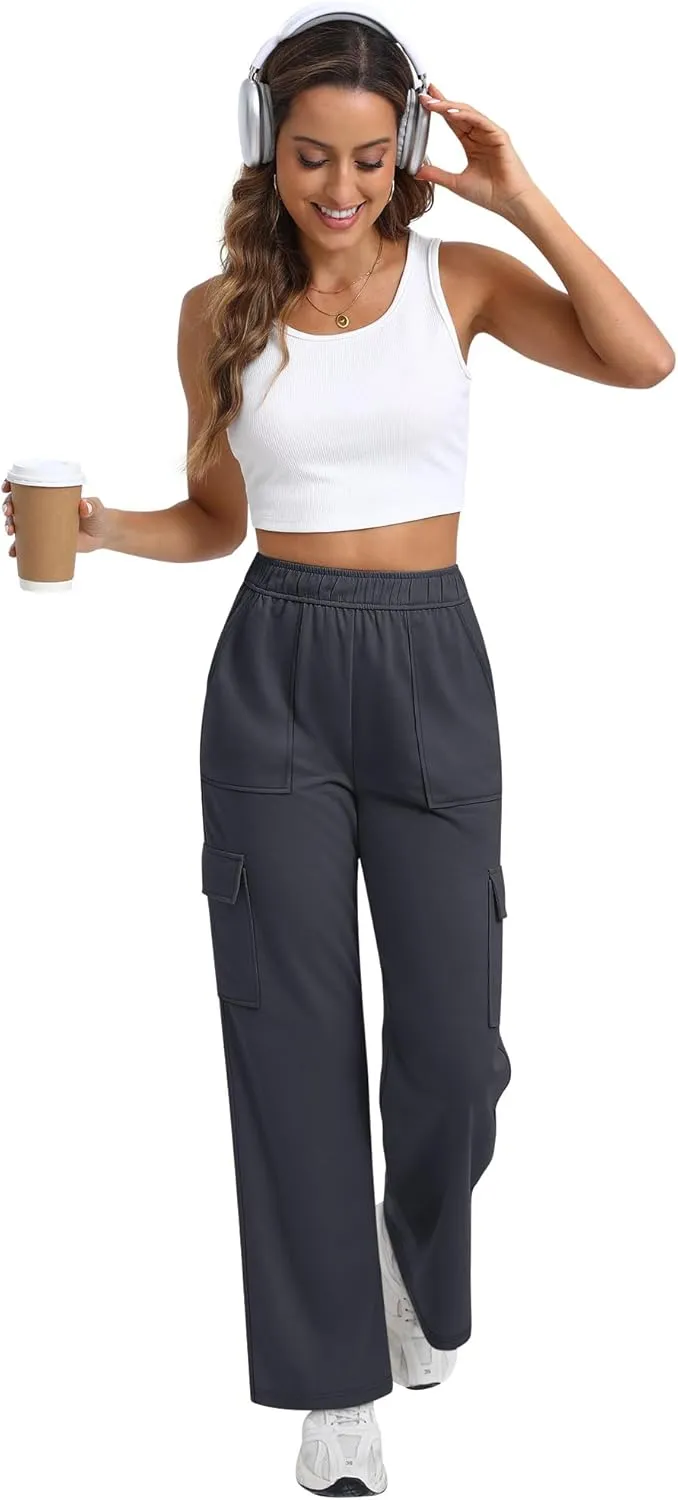 Women's Cargo Sweatpants with Pockets, High Waist Wide Leg Hiking Pants Casual Baggy Athletic Joggers Winter Fall