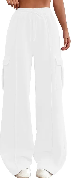 Womens Cargo Sweatpants with Pockets Wide Leg Baggy High Waisted Sweats Pants Drawstring Waist Athletic Trousers