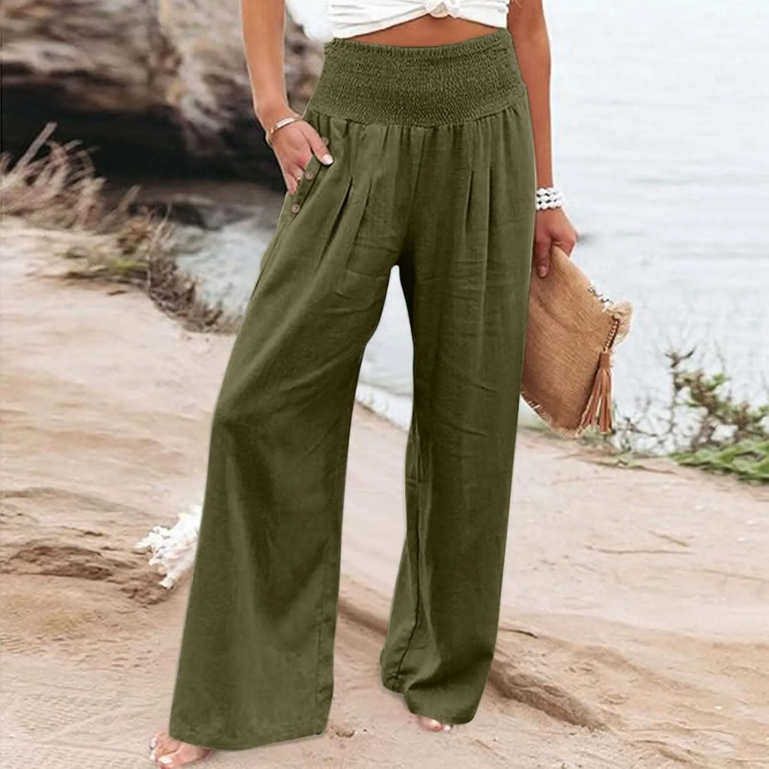 Womens Casual Cotton Linen Palazzo Pants Button Drawstring Waist Wide Leg Trousers Beach Vacation Outfits