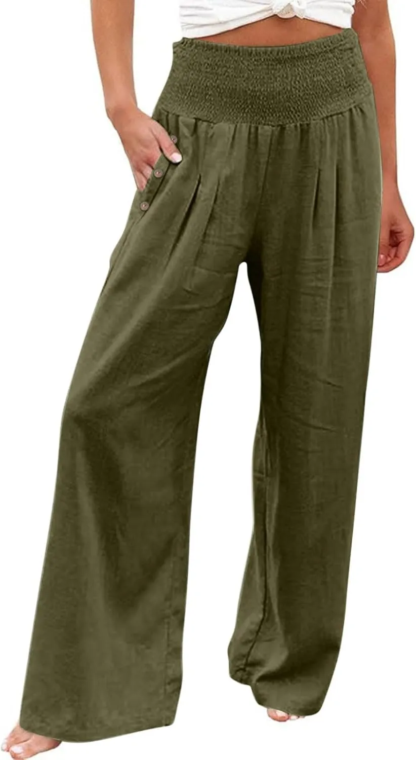 Womens Casual Cotton Linen Palazzo Pants Button Drawstring Waist Wide Leg Trousers Beach Vacation Outfits