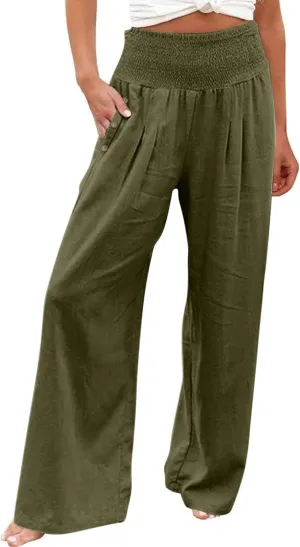 Womens Casual Cotton Linen Palazzo Pants Button Drawstring Waist Wide Leg Trousers Beach Vacation Outfits