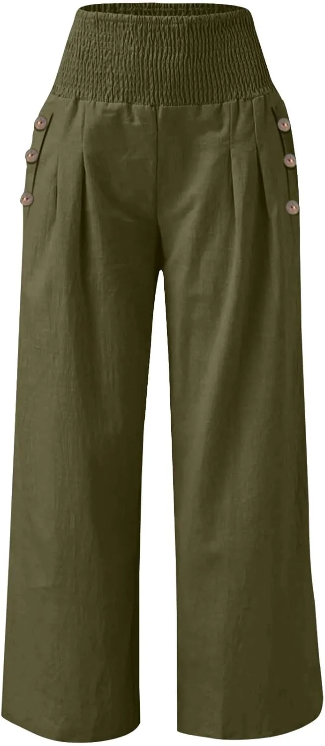 Womens Casual Cotton Linen Palazzo Pants Button Drawstring Waist Wide Leg Trousers Beach Vacation Outfits