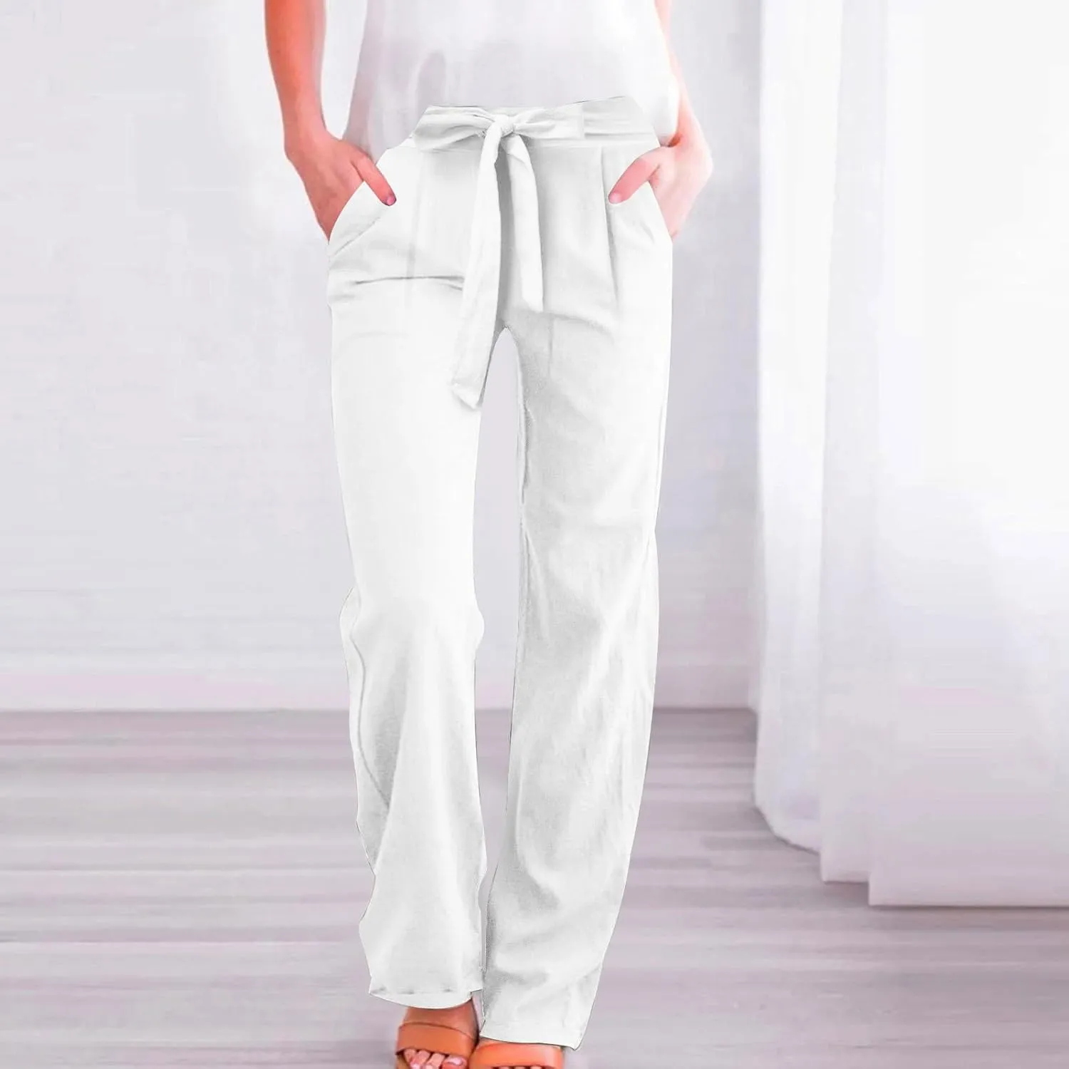 Womens Casual Cotton Linen Pants Elastic High Waist Drawstring Loose Fit Summer Pants Slacks Trousers with Pockets