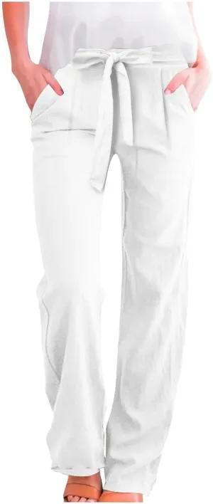 Womens Casual Cotton Linen Pants Elastic High Waist Drawstring Loose Fit Summer Pants Slacks Trousers with Pockets