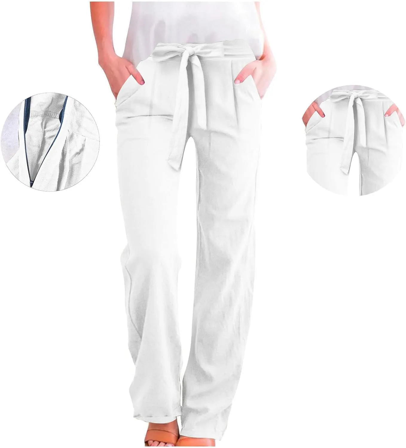 Womens Casual Cotton Linen Pants Elastic High Waist Drawstring Loose Fit Summer Pants Slacks Trousers with Pockets