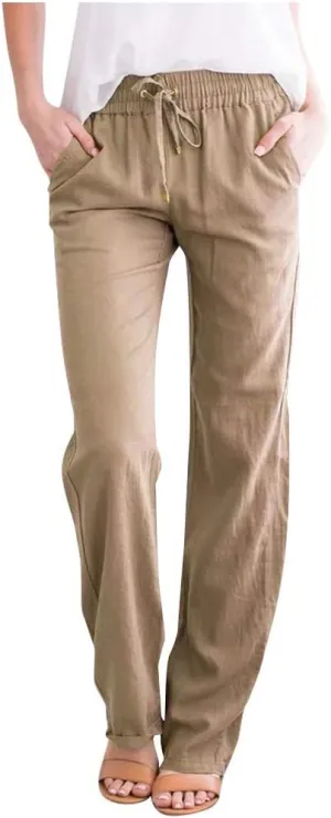 Womens Casual Cotton Linen Pants Lightweight Summer Lounge Pants Elastic Waist Plus Size Long Trousers with Pockets