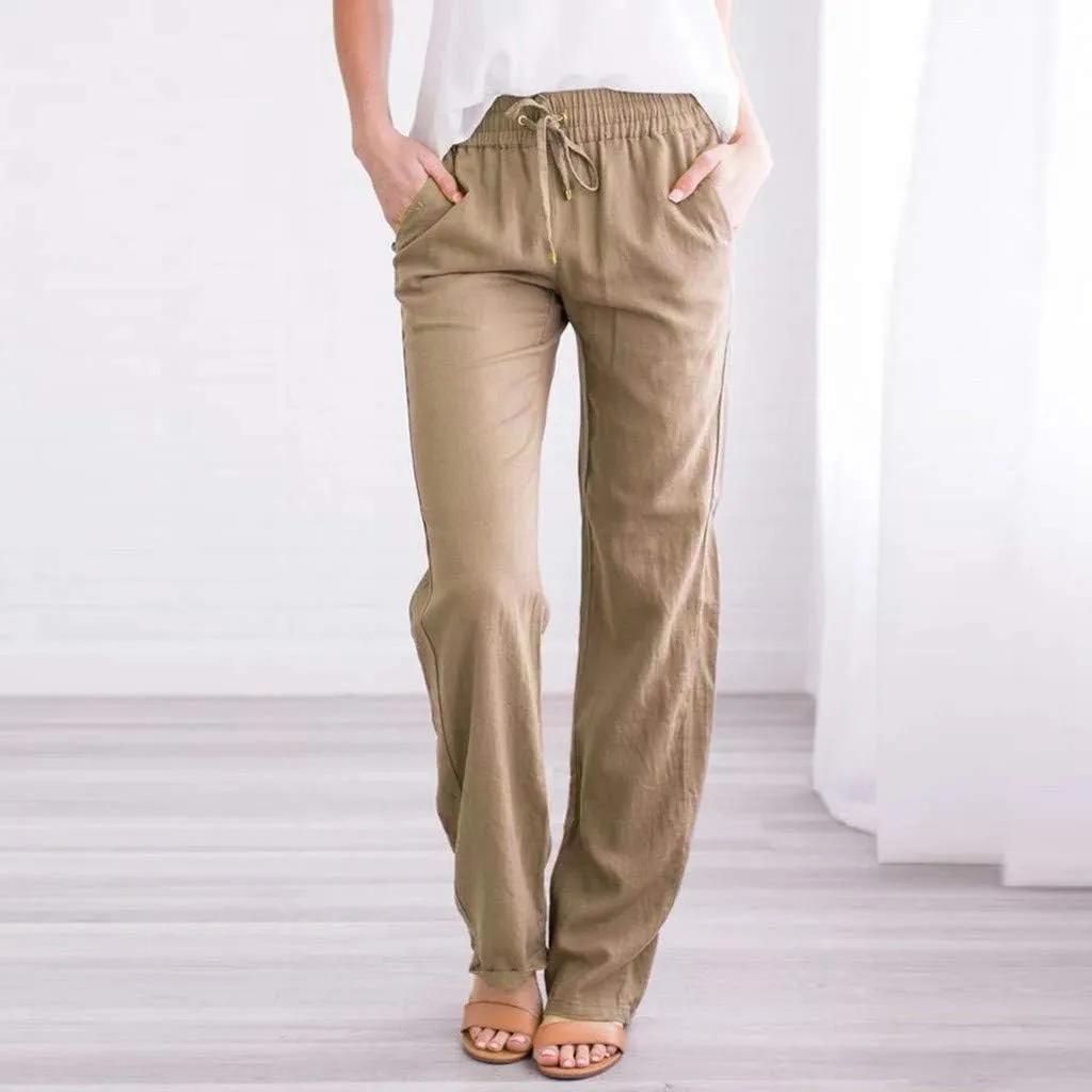 Womens Casual Cotton Linen Pants Lightweight Summer Lounge Pants Elastic Waist Plus Size Long Trousers with Pockets