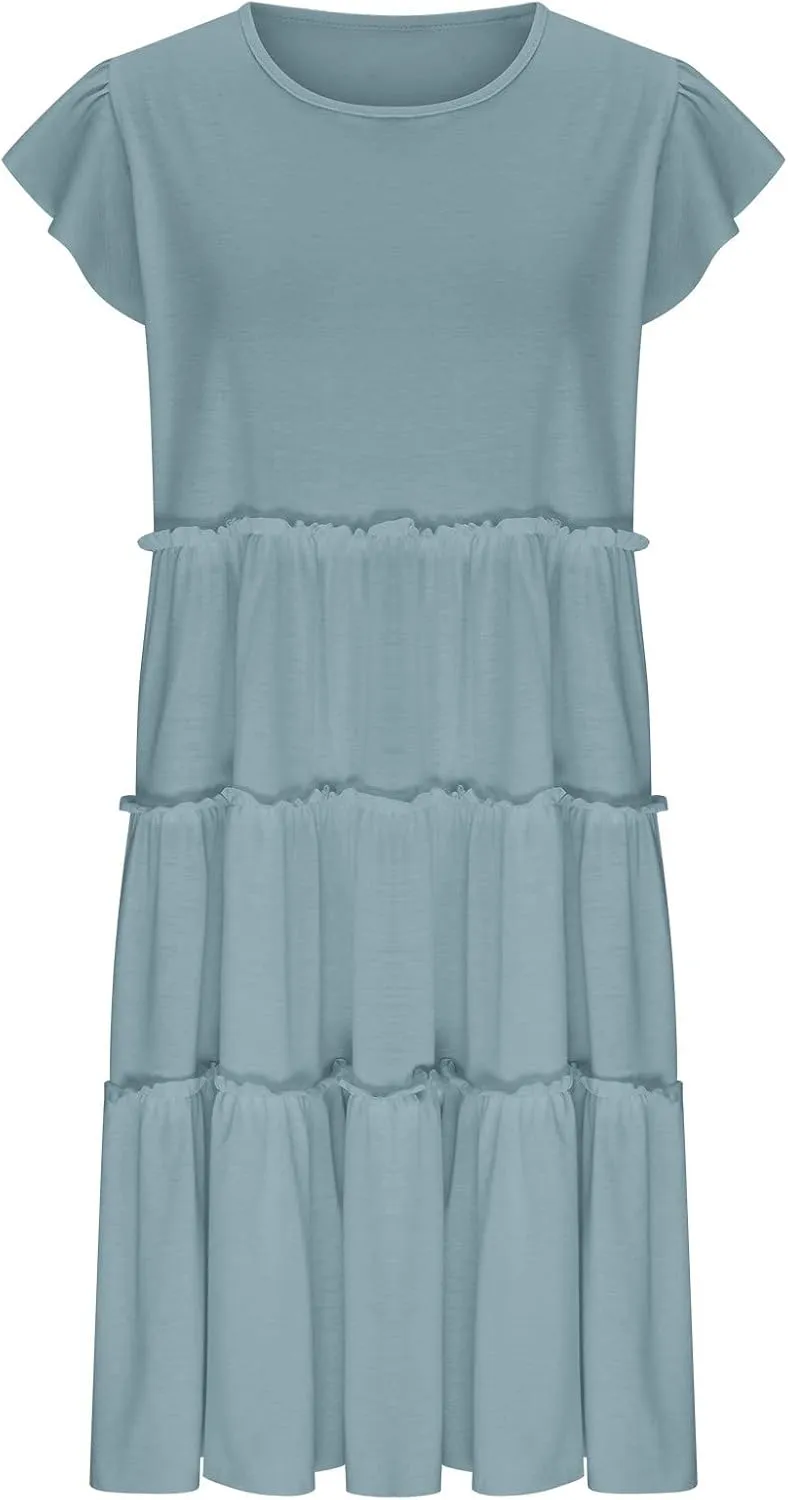 Women's Casual Dress Short Sleeve Crewneck Loose Flowy Tiered Beach Dress Summer Ruffle Sleeve Swing Mini Dresses