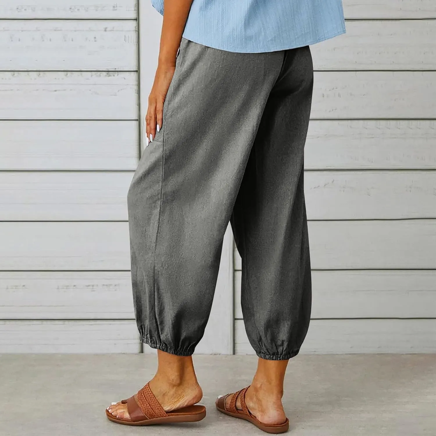 Women's Casual Lantern Tapered Harem Pants High Waist Baggy Cotton Linen Pants Summer Ankle Trousers with Pockets