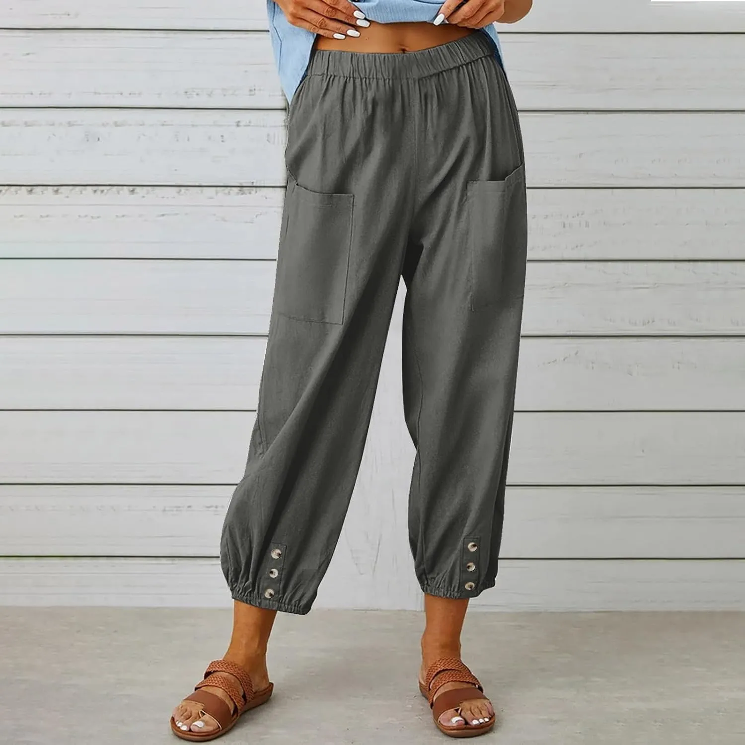 Women's Casual Lantern Tapered Harem Pants High Waist Baggy Cotton Linen Pants Summer Ankle Trousers with Pockets