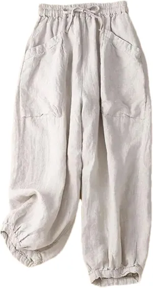 Women's Cotton Linen Casual Pants  Solid Color Elastic Drawstring Waist Wide-Leg with Pockets Summer Trousers