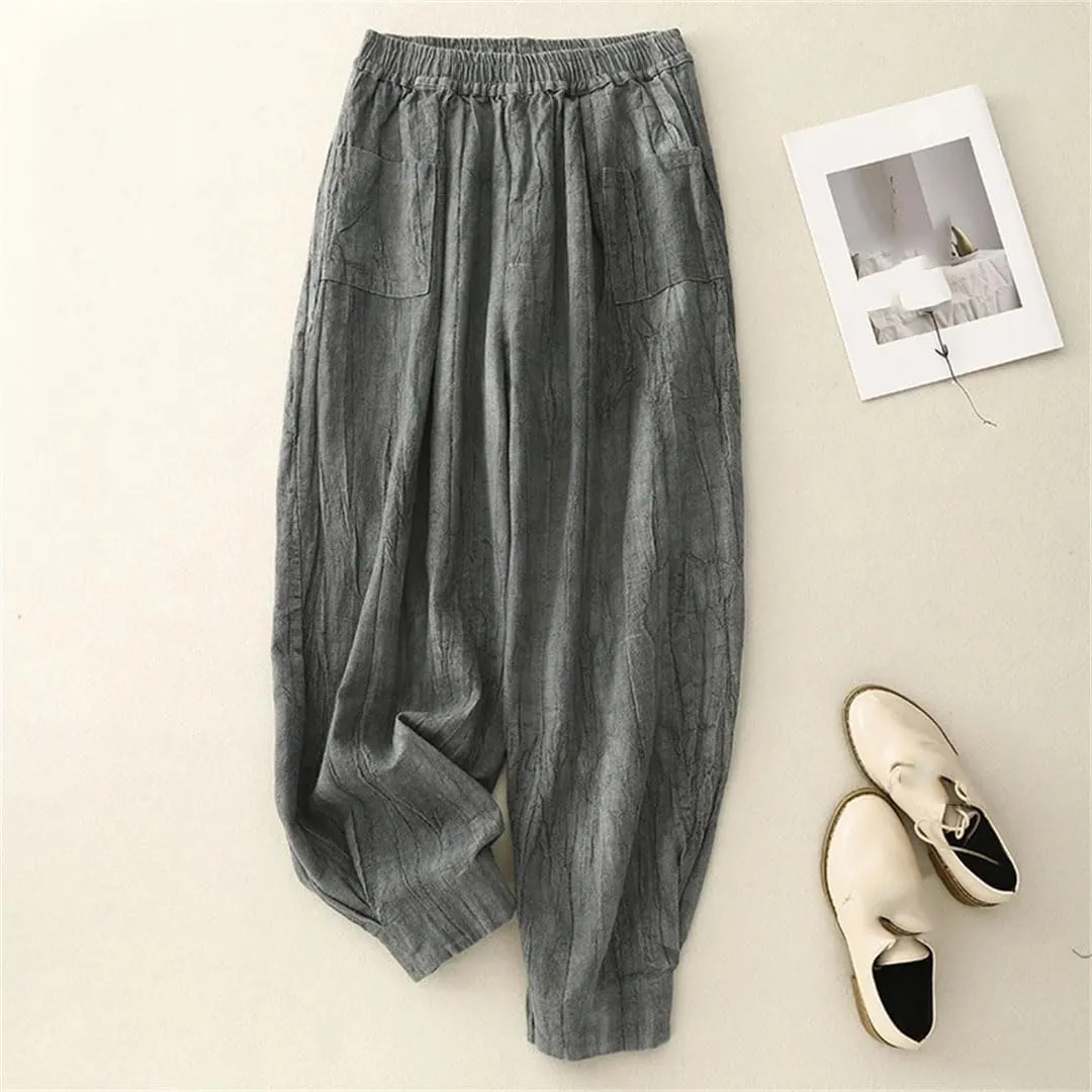 Women's Cotton Linen High Waist Harem Pants Elastic Waist Loose Fit Retro Pleated Full Length Trousers