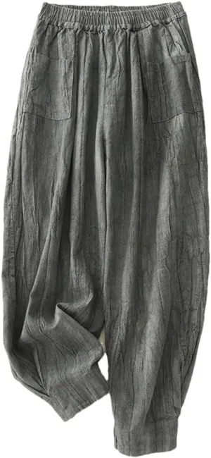Women's Cotton Linen High Waist Harem Pants Elastic Waist Loose Fit Retro Pleated Full Length Trousers