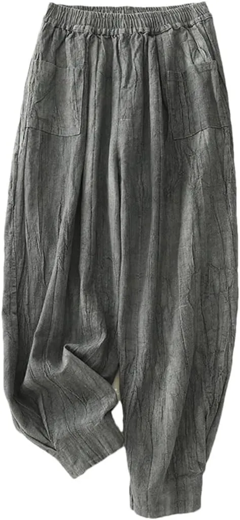 Women's Cotton Linen High Waist Harem Pants Elastic Waist Loose Fit Retro Pleated Full Length Trousers