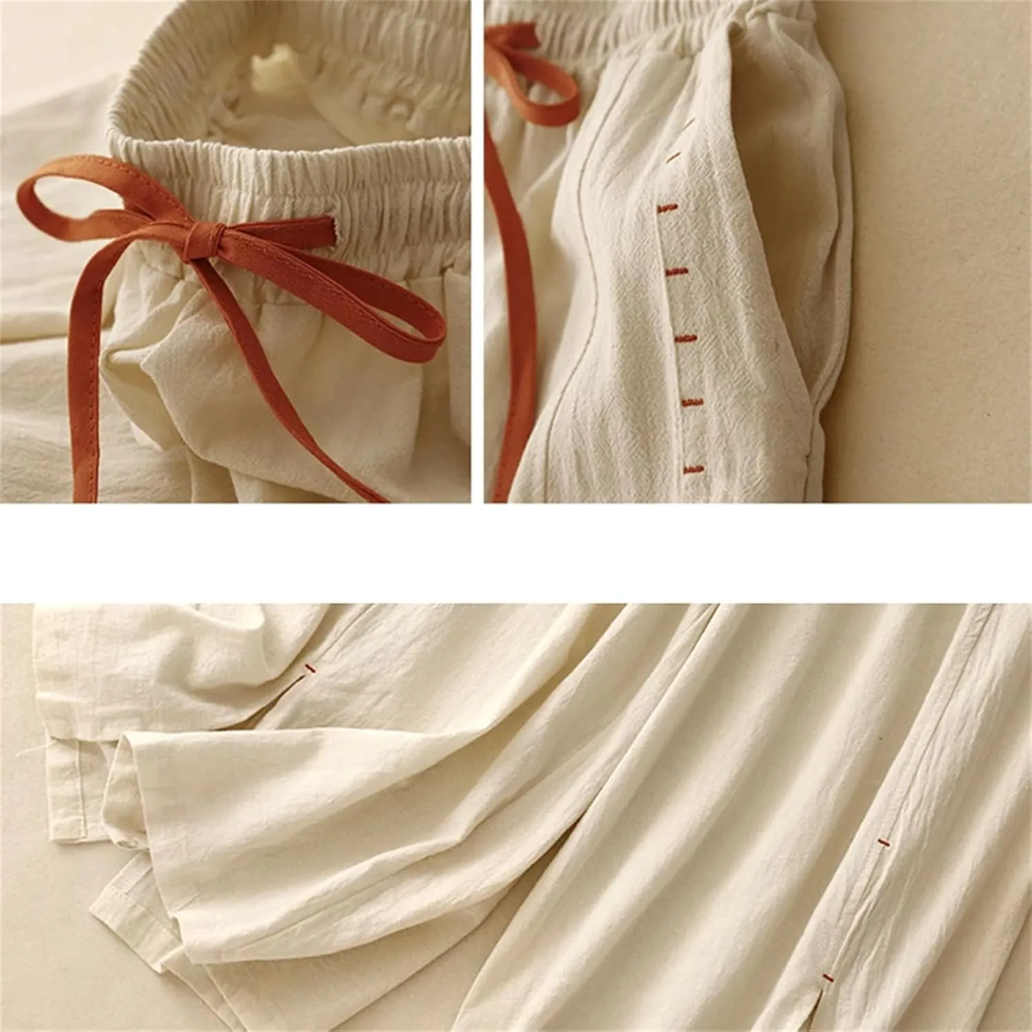 Women's Cotton Linen High-Waisted Wide-Leg Pants  Loose Fit Straight-Leg Drawstring Waist Casual Summer Trousers