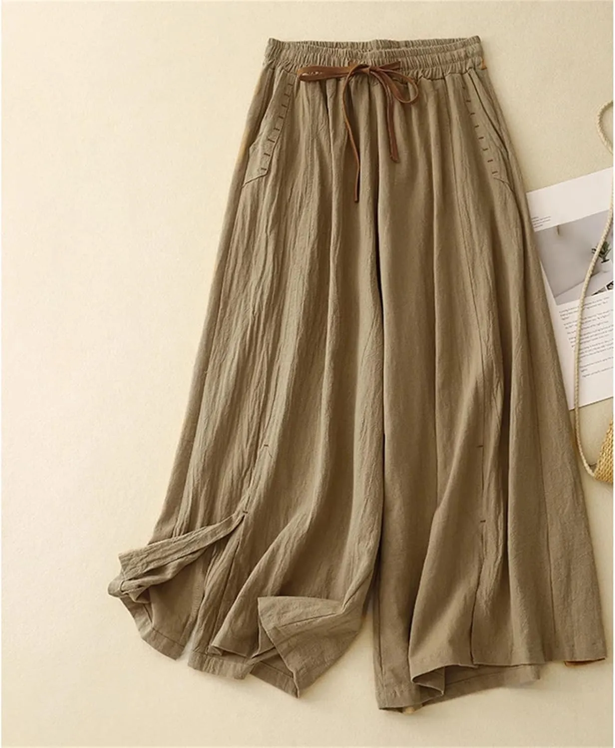 Women's Cotton Linen High-Waisted Wide-Leg Pants  Loose Fit Straight-Leg Drawstring Waist Casual Summer Trousers