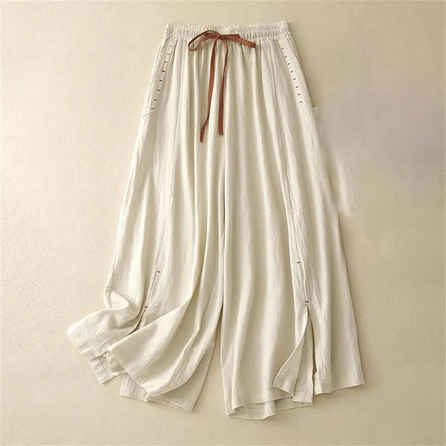 Women's Cotton Linen High-Waisted Wide-Leg Pants  Loose Fit Straight-Leg Drawstring Waist Casual Summer Trousers