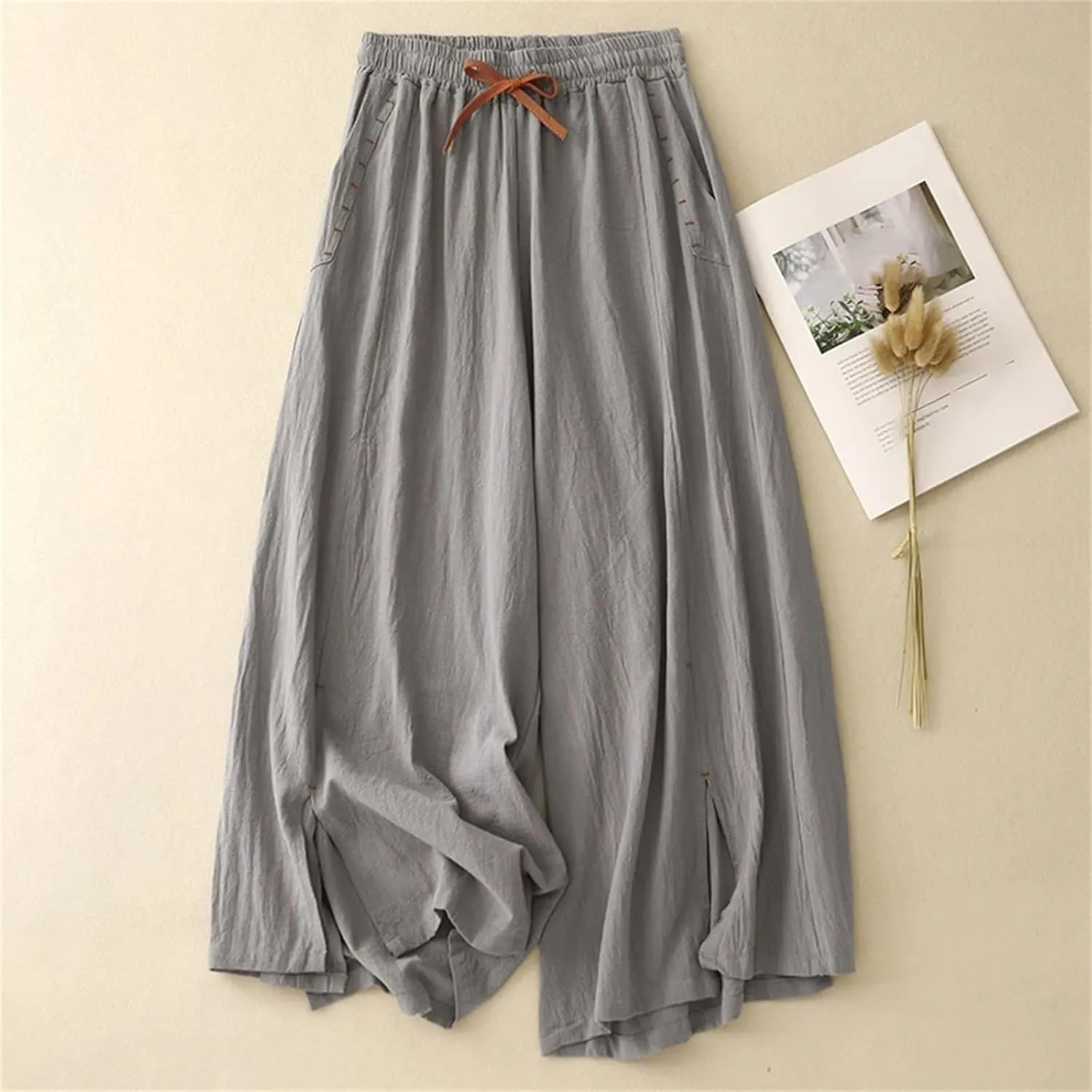 Women's Cotton Linen High-Waisted Wide-Leg Pants  Loose Fit Straight-Leg Drawstring Waist Casual Summer Trousers