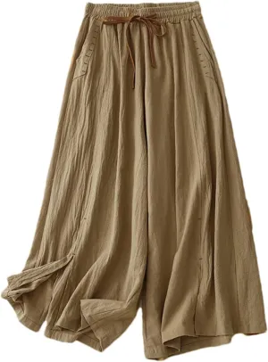 Women's Cotton Linen High-Waisted Wide-Leg Pants  Loose Fit Straight-Leg Drawstring Waist Casual Summer Trousers