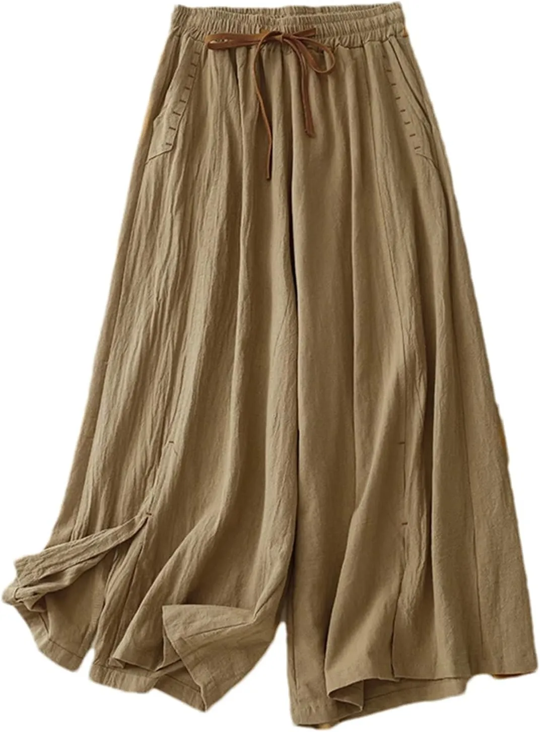 Women's Cotton Linen High-Waisted Wide-Leg Pants  Loose Fit Straight-Leg Drawstring Waist Casual Summer Trousers