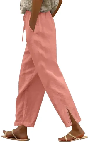 Women's Cotton Linen Leg Casual Pants Elastic Drawstring Straight Trousers with Pockets Summer Beach Lounge Pants
