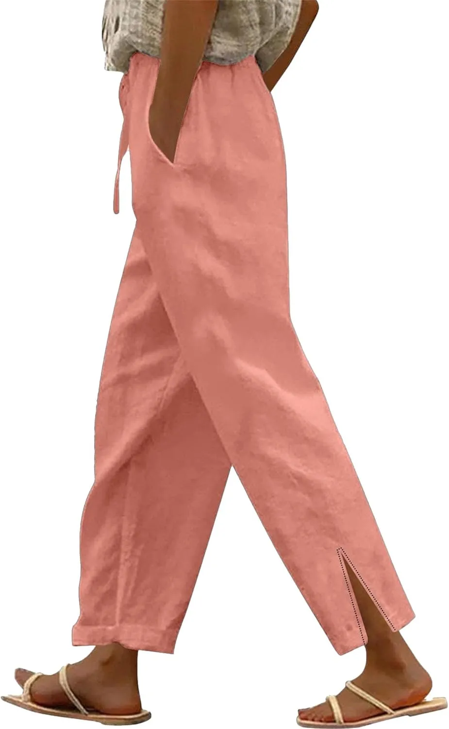Women's Cotton Linen Leg Casual Pants Elastic Drawstring Straight Trousers with Pockets Summer Beach Lounge Pants