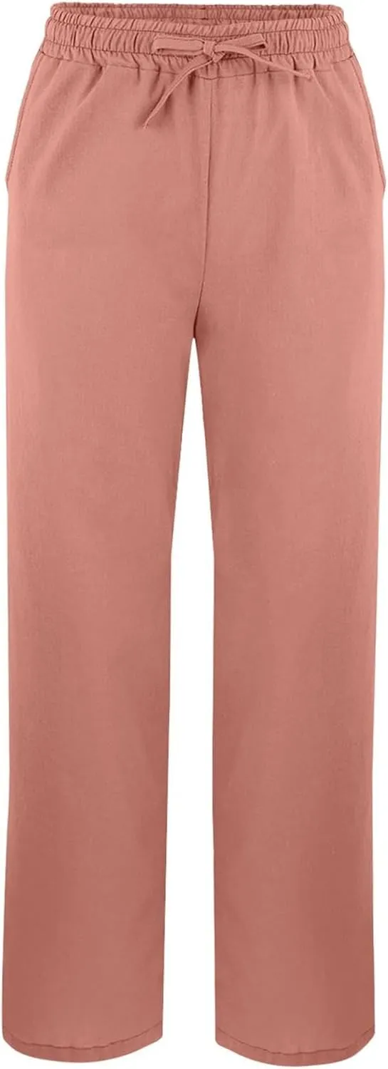 Women's Cotton Linen Leg Casual Pants Elastic Drawstring Straight Trousers with Pockets Summer Beach Lounge Pants