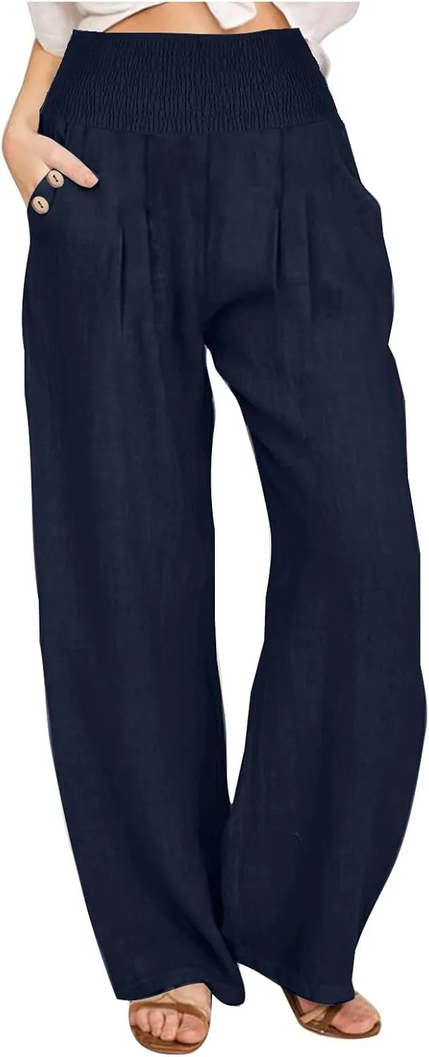 Womens Cotton Linen Palazzo Pants Casual Summer Pants Drawstring Elastic Waist Wide Leg Loose Trousers Lounge Pants