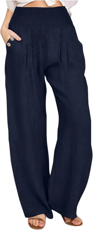 Womens Cotton Linen Palazzo Pants Casual Summer Pants Drawstring Elastic Waist Wide Leg Loose Trousers Lounge Pants