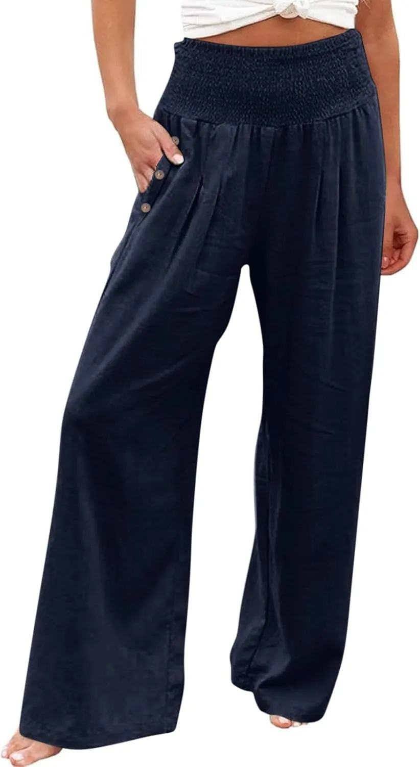Womens Cotton Linen Palazzo Pants Casual Summer Pants Drawstring Elastic Waist Wide Leg Loose Trousers Lounge Pants