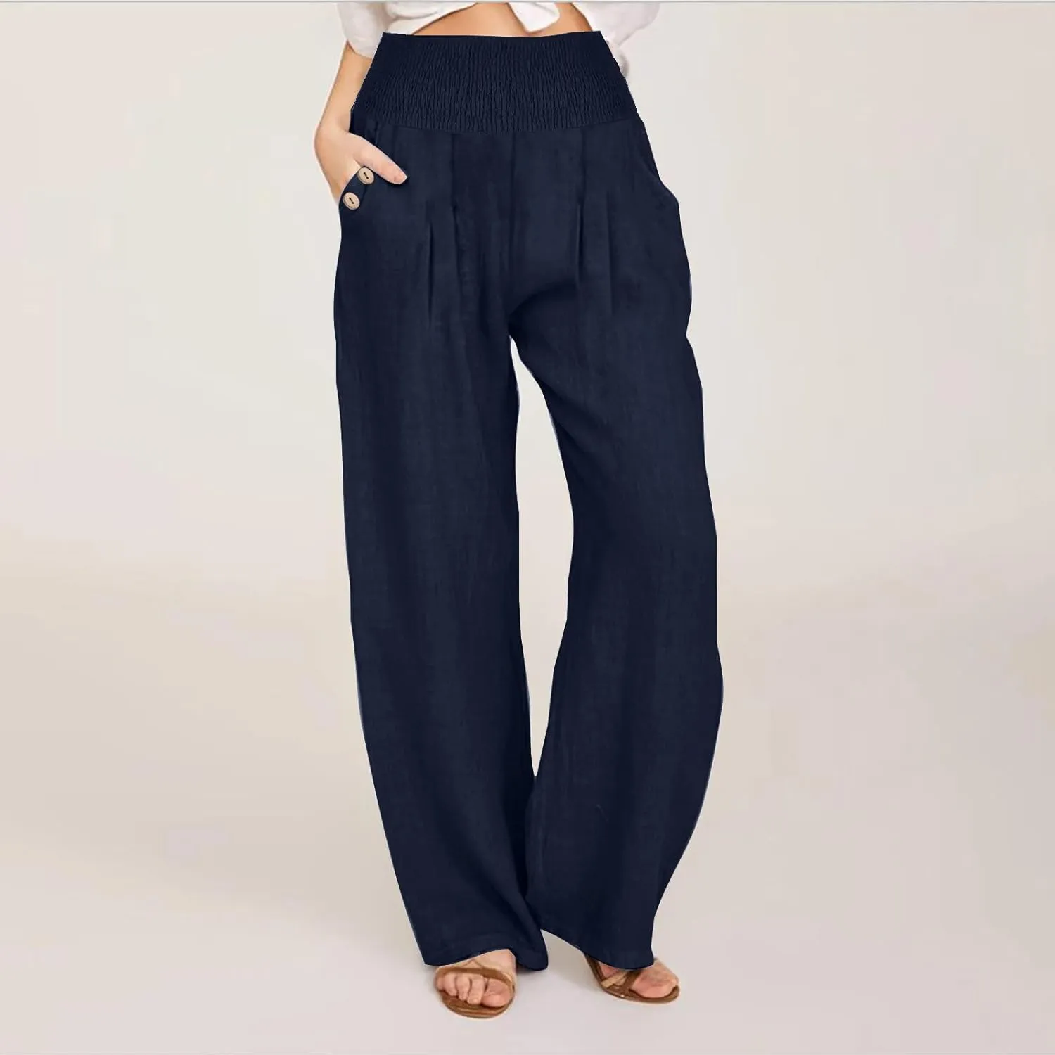 Womens Cotton Linen Palazzo Pants Casual Summer Pants Drawstring Elastic Waist Wide Leg Loose Trousers Lounge Pants