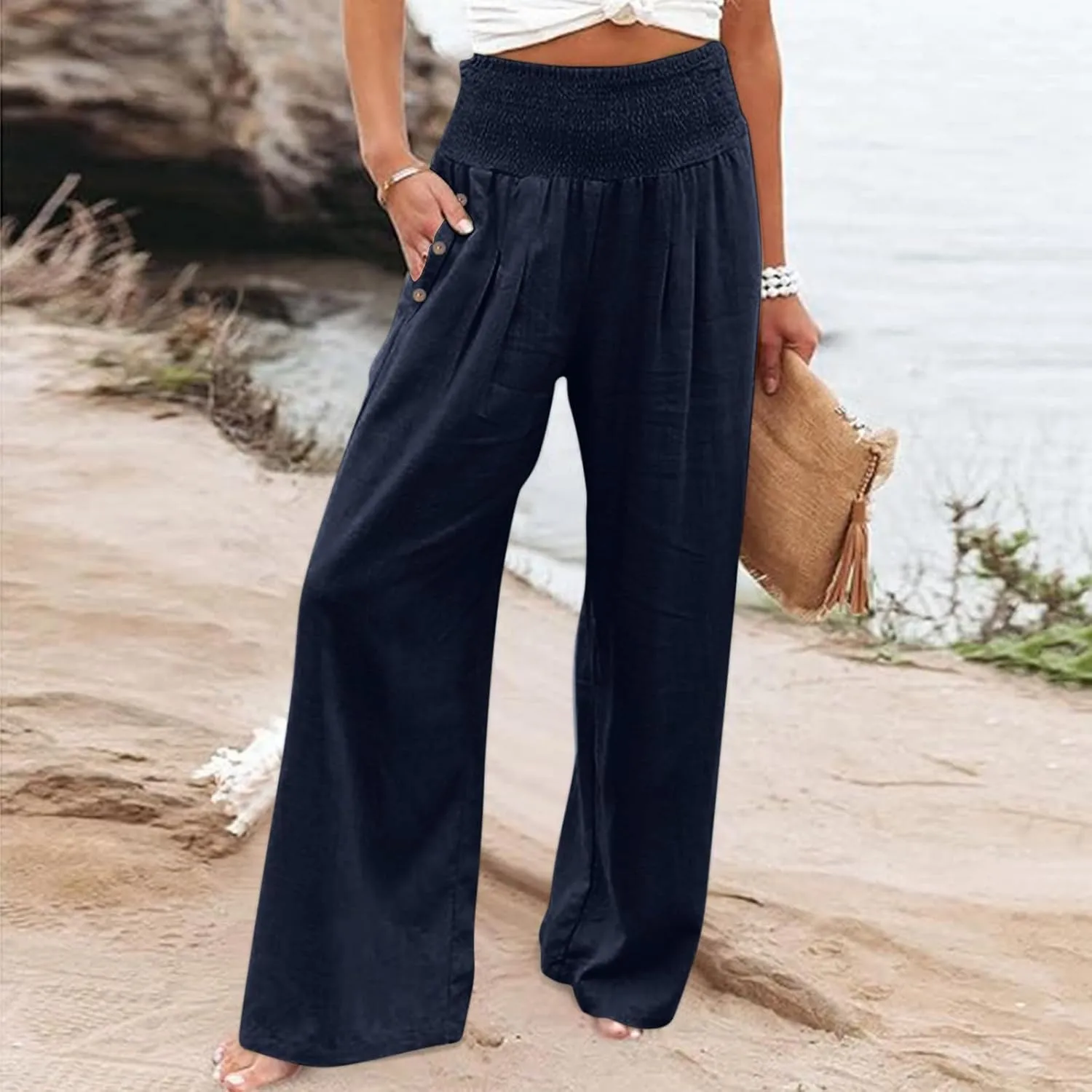 Womens Cotton Linen Palazzo Pants Casual Summer Pants Drawstring Elastic Waist Wide Leg Loose Trousers Lounge Pants