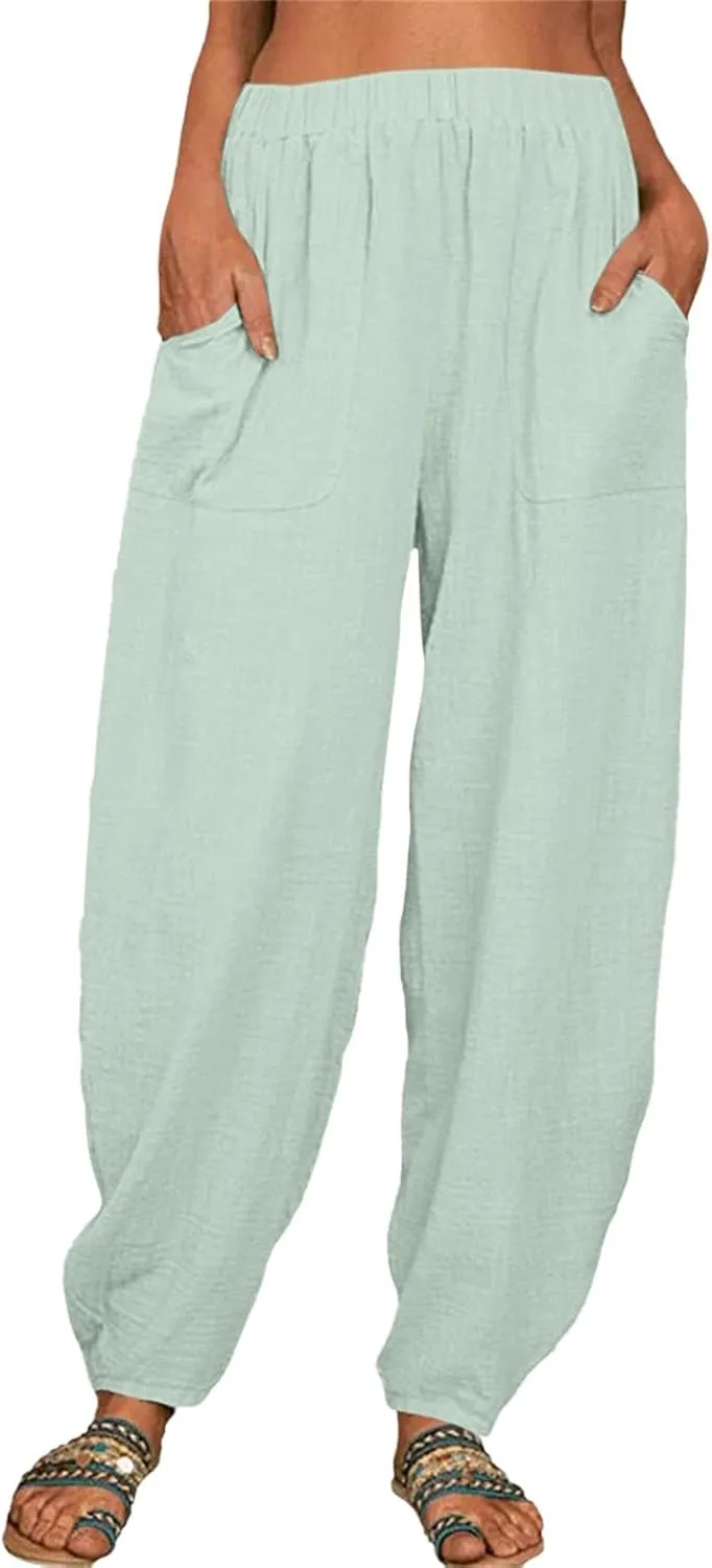 Women's Cotton Linen Pants 2025 Summer Elastic Waist Straight Leg Pant Relax Comfy Solid Casual Lounge Long Trousers