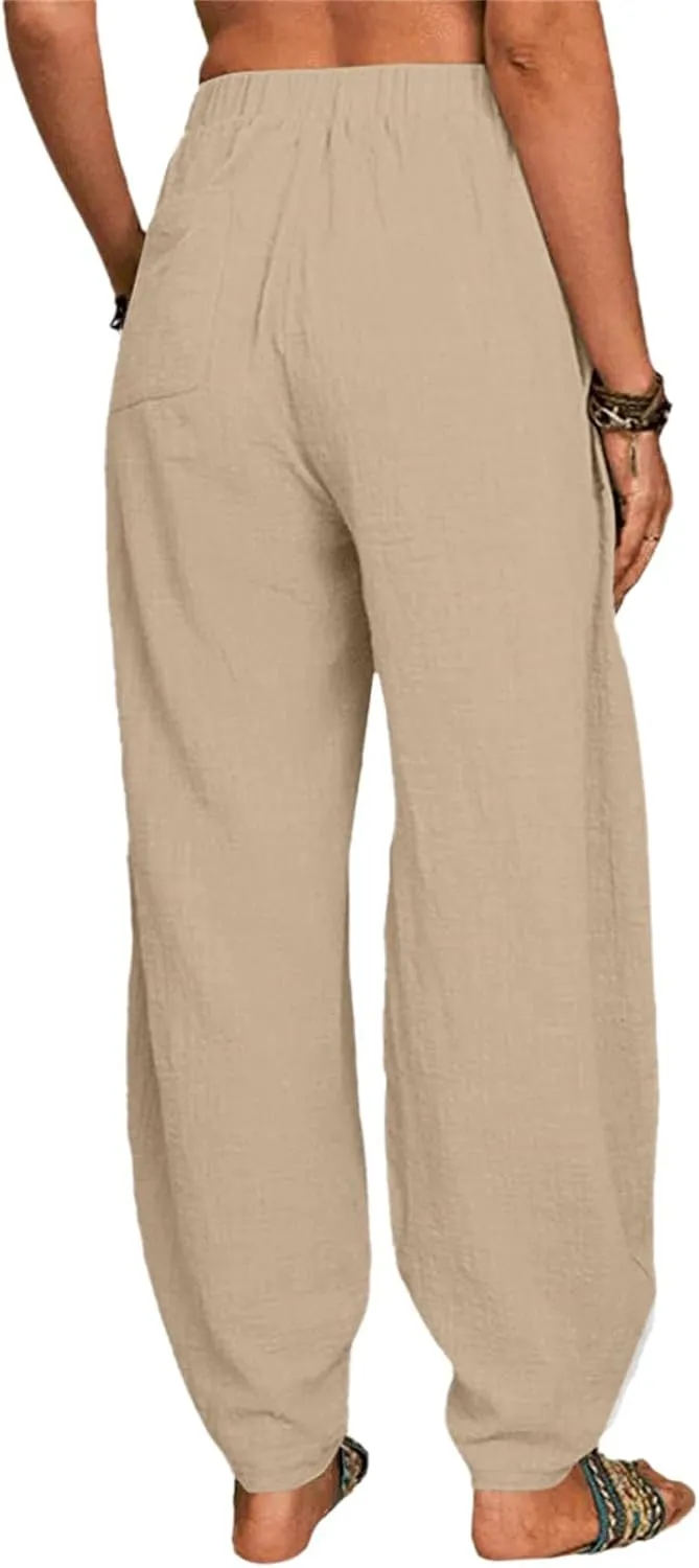 Women's Cotton Linen Pants 2025 Summer Elastic Waist Straight Leg Pant Relax Comfy Solid Casual Lounge Long Trousers