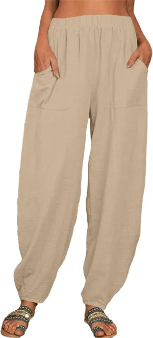 Women's Cotton Linen Pants 2025 Summer Elastic Waist Straight Leg Pant Relax Comfy Solid Casual Lounge Long Trousers
