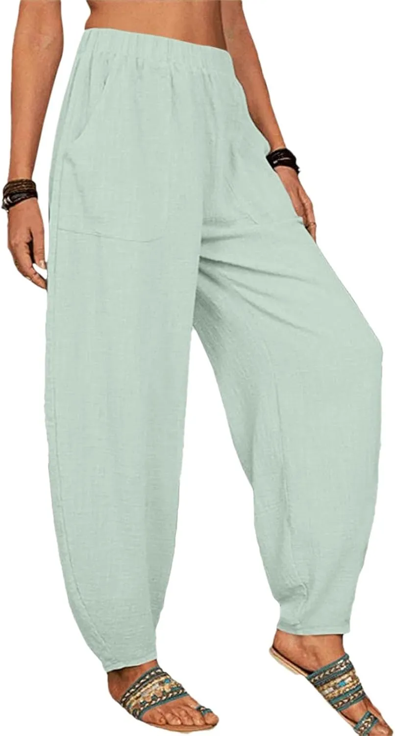 Women's Cotton Linen Pants 2025 Summer Elastic Waist Straight Leg Pant Relax Comfy Solid Casual Lounge Long Trousers