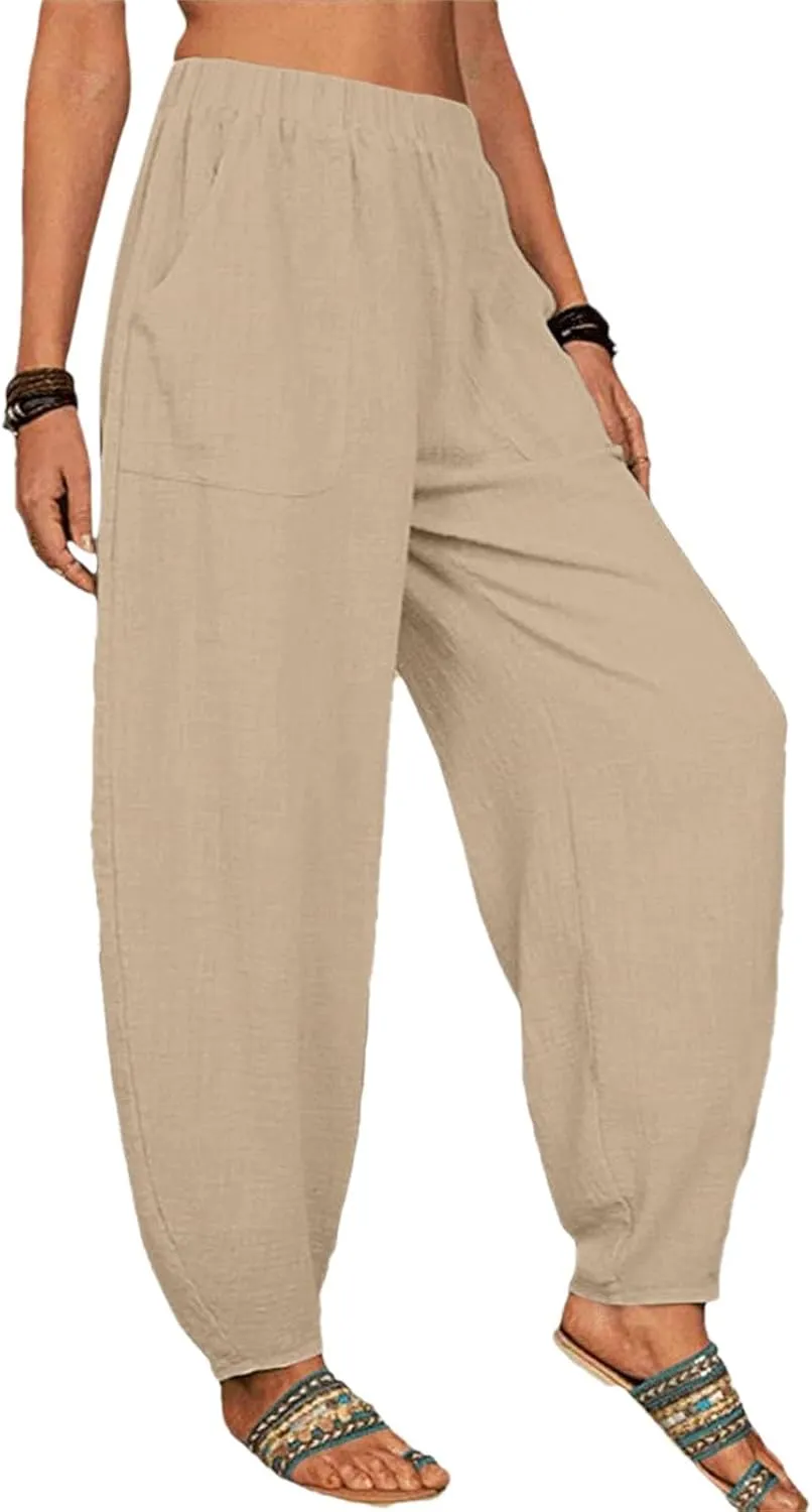 Women's Cotton Linen Pants 2025 Summer Elastic Waist Straight Leg Pant Relax Comfy Solid Casual Lounge Long Trousers