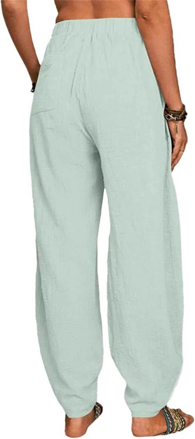 Women's Cotton Linen Pants 2025 Summer Elastic Waist Straight Leg Pant Relax Comfy Solid Casual Lounge Long Trousers