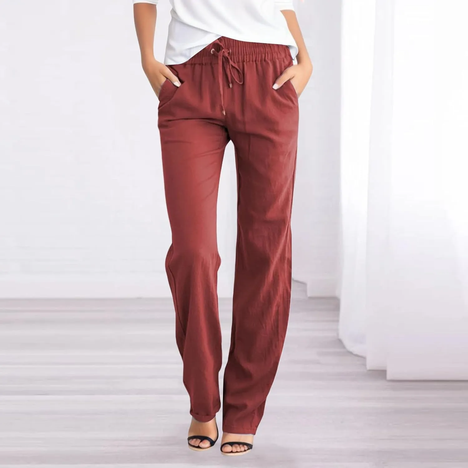 Women's Cotton Linen Pants Casual Loose Drawstring Elastic Waist Summer Beach Pants Lightweight Lounge Trouser Pockets