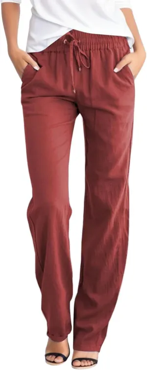 Women's Cotton Linen Pants Casual Loose Drawstring Elastic Waist Summer Beach Pants Lightweight Lounge Trouser Pockets