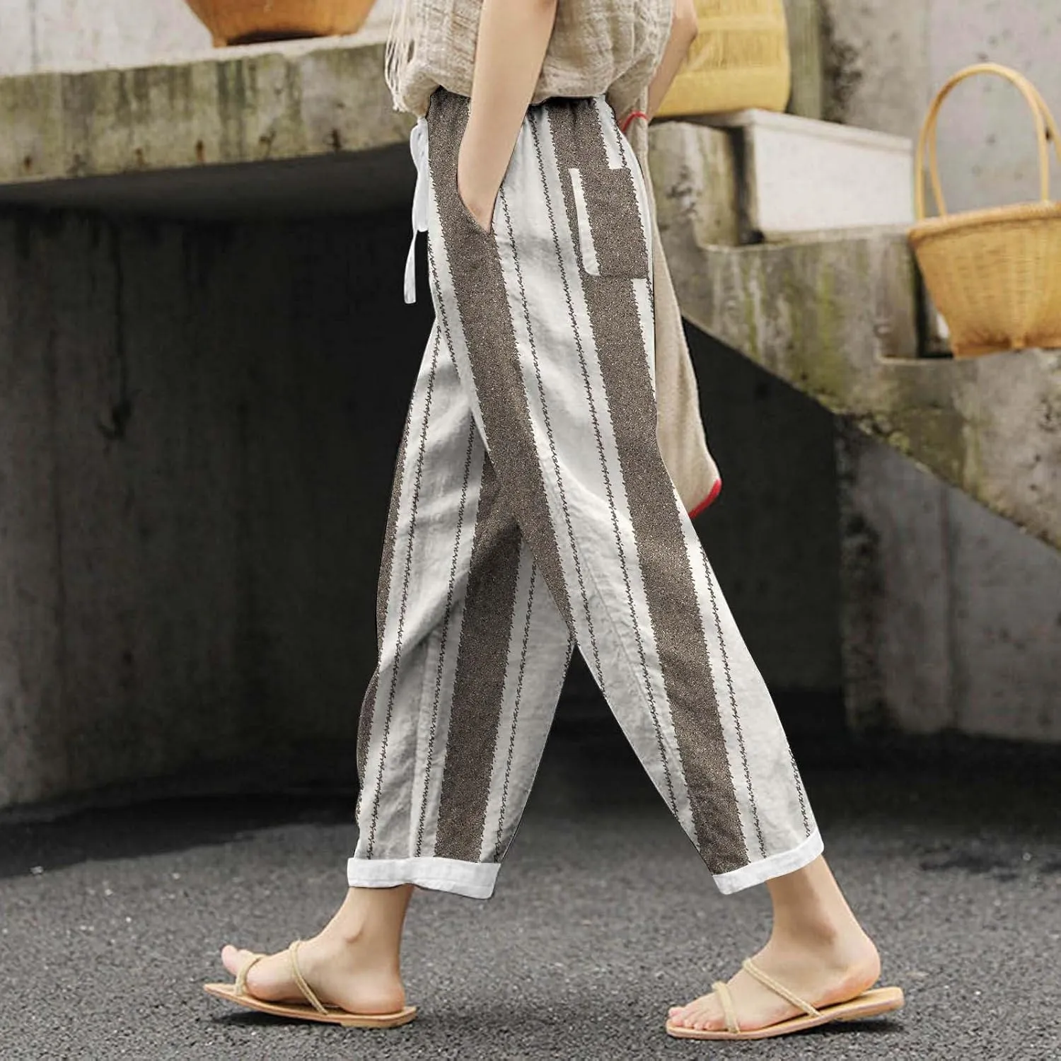 Women's Cotton Linen Summer Casual Loose Pants Elastic Waist Straight Loose Fit Trouser Office