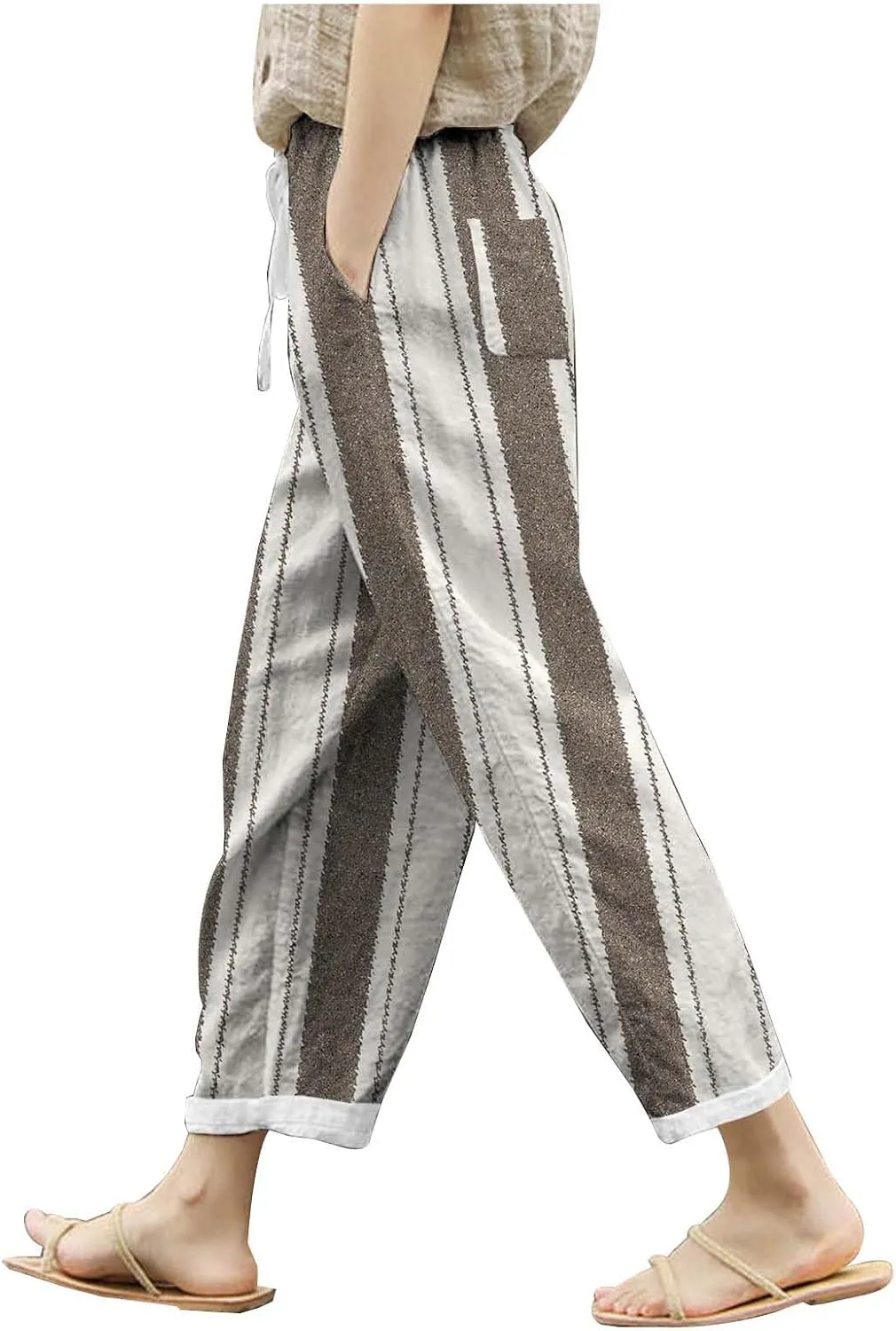 Women's Cotton Linen Summer Casual Loose Pants Elastic Waist Straight Loose Fit Trouser Office