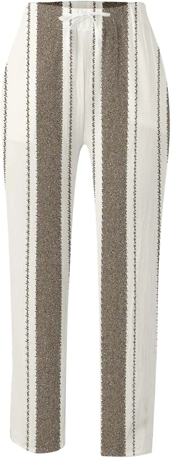 Women's Cotton Linen Summer Casual Loose Pants Elastic Waist Straight Loose Fit Trouser Office