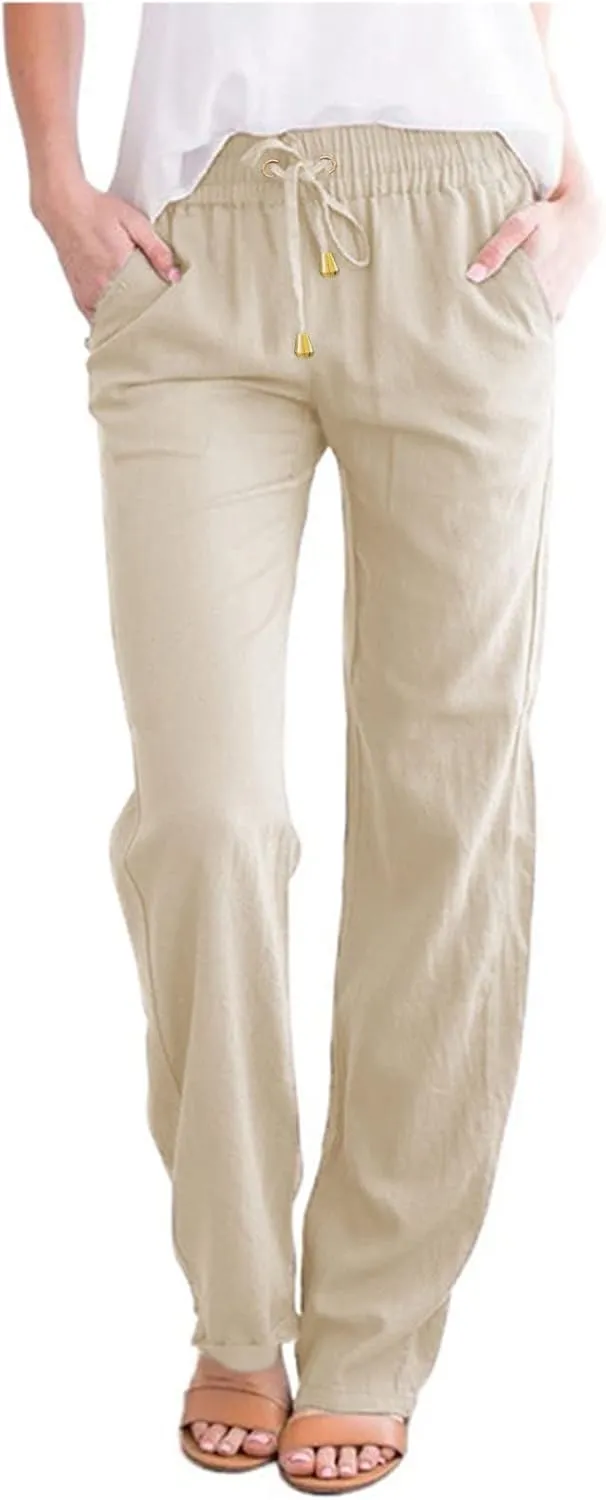 Womens Cotton Linen Summer Fashion Palazzo Pants Elastic Waisted Stretchy Slim Fit Trouser Work Business