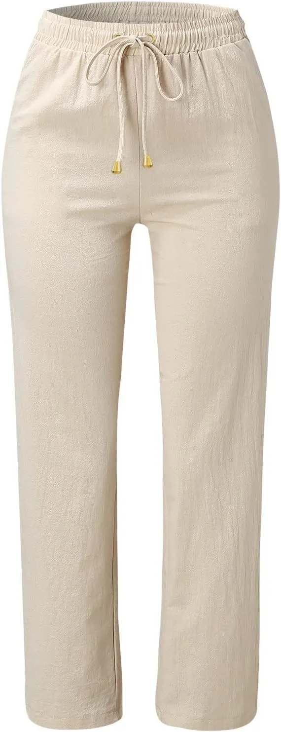 Womens Cotton Linen Summer Fashion Palazzo Pants Elastic Waisted Stretchy Slim Fit Trouser Work Business