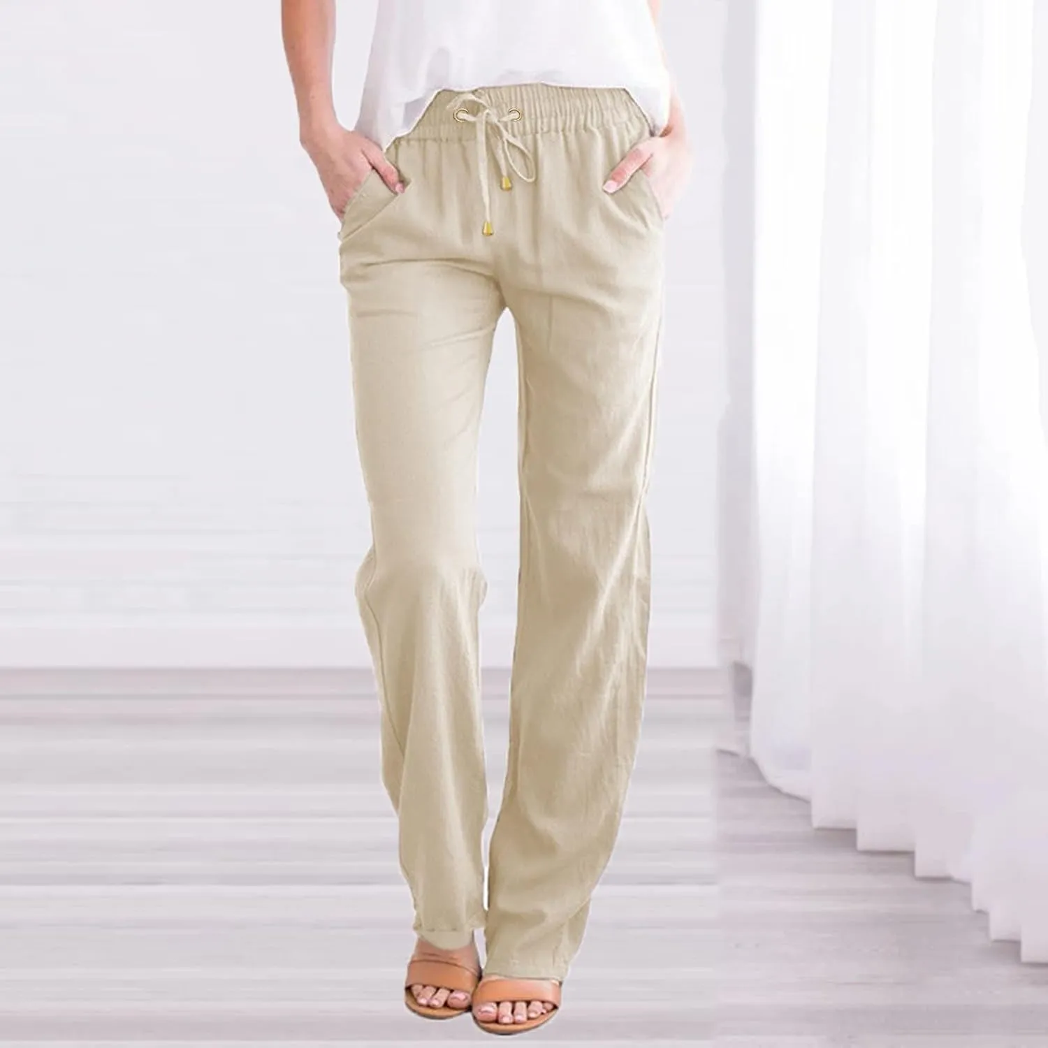 Womens Cotton Linen Summer Fashion Palazzo Pants Elastic Waisted Stretchy Slim Fit Trouser Work Business
