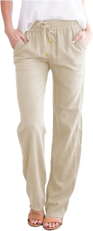 Womens Cotton Linen Summer Fashion Palazzo Pants Elastic Waisted Stretchy Slim Fit Trouser Work Business
