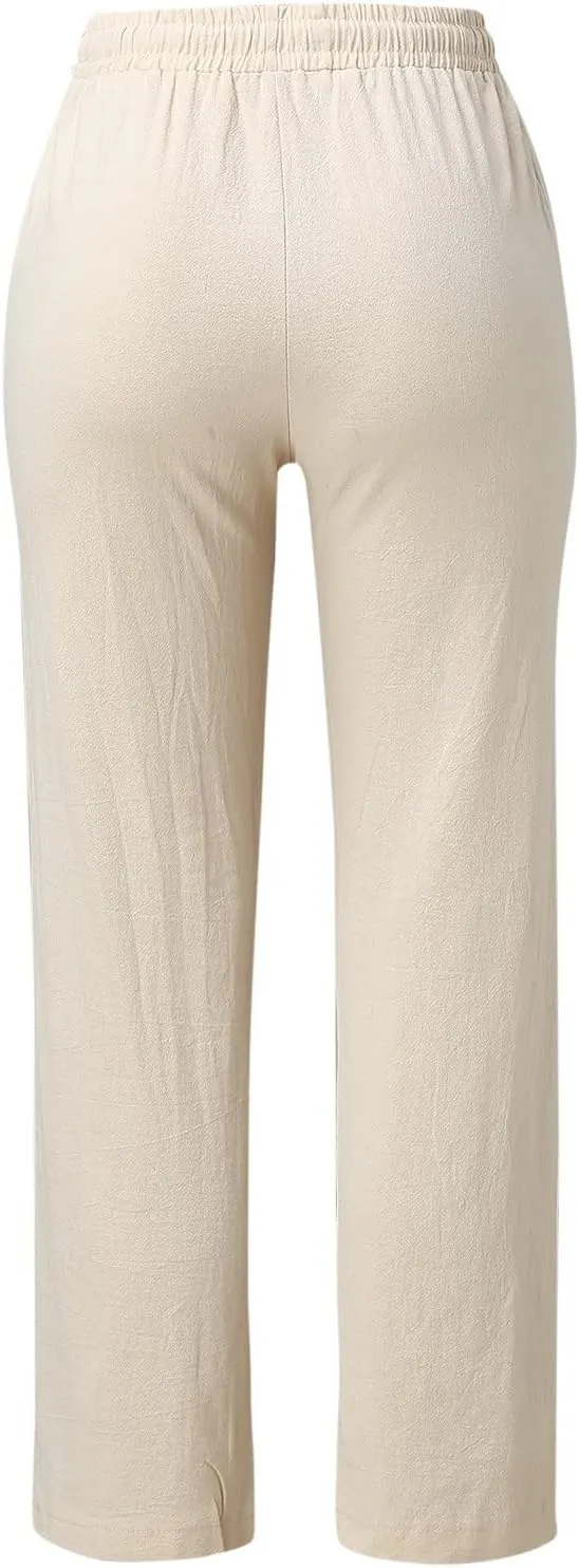 Womens Cotton Linen Summer Fashion Palazzo Pants Elastic Waisted Stretchy Slim Fit Trouser Work Business