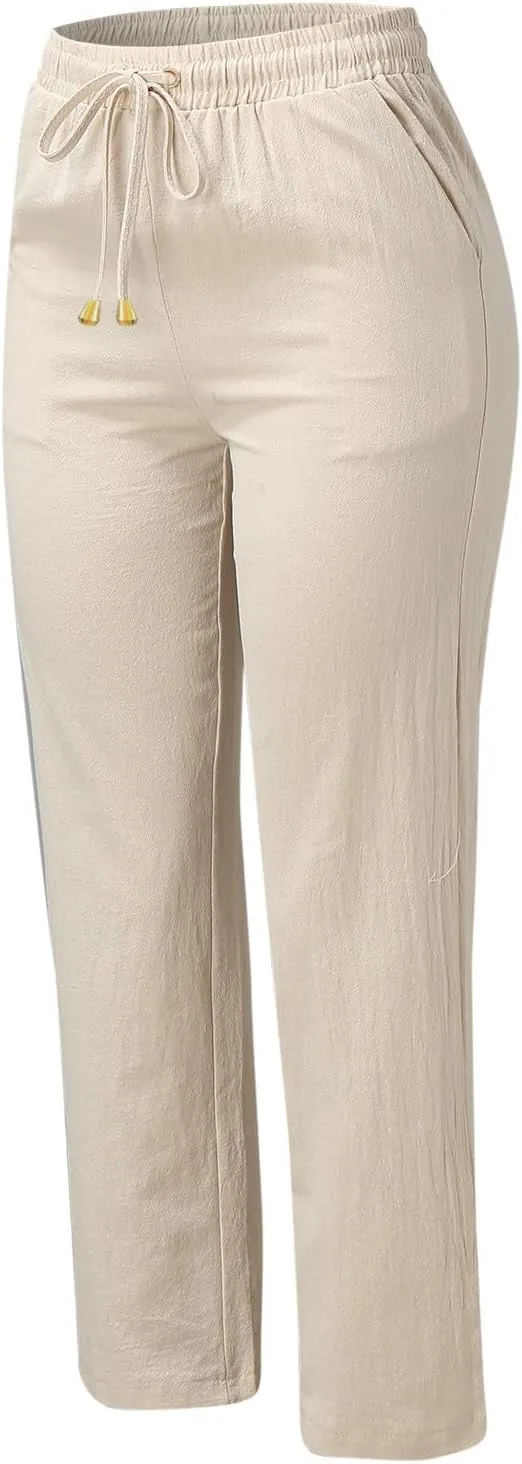 Womens Cotton Linen Summer Fashion Palazzo Pants Elastic Waisted Stretchy Slim Fit Trouser Work Business